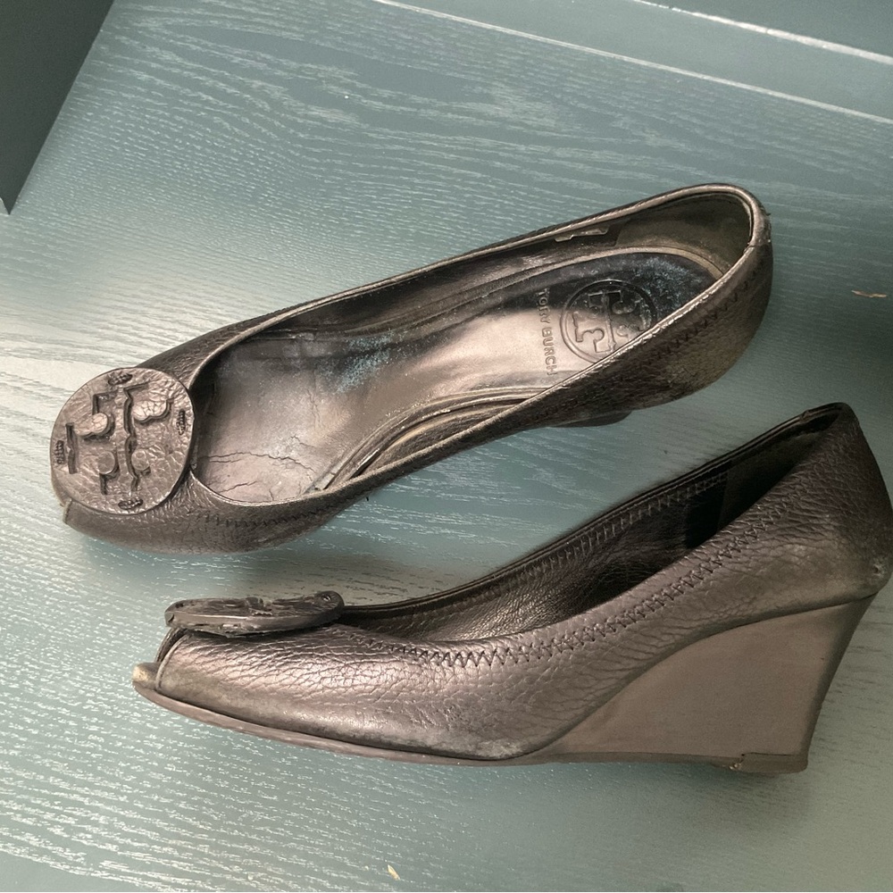 Tory Burch Black Leather Wedges